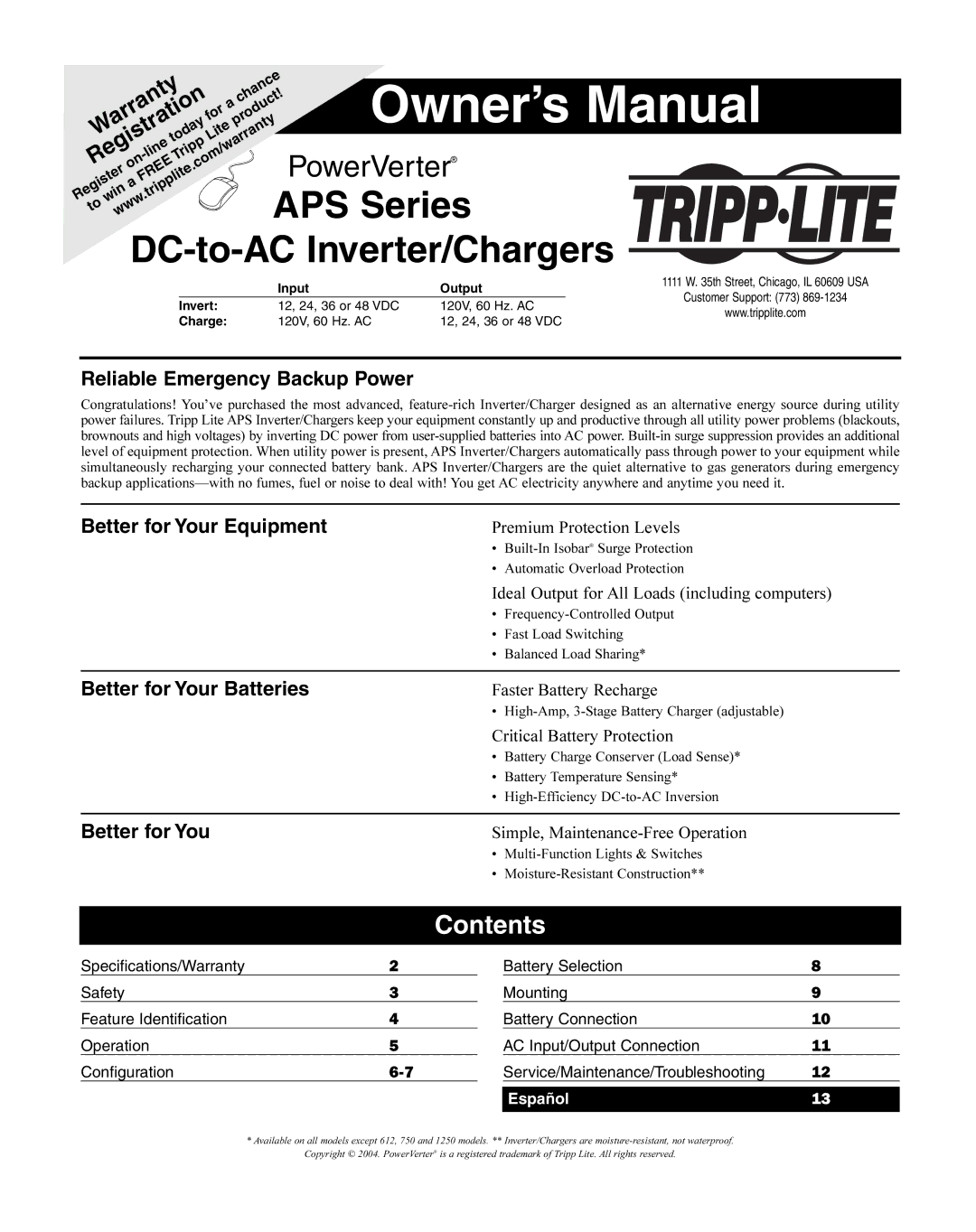 Tripp Lite APS3636VR, APS3624VR, APS750, APS2424, APS1012, APS1524, APS2448, APS1250, APS2012 owner manual Contents 