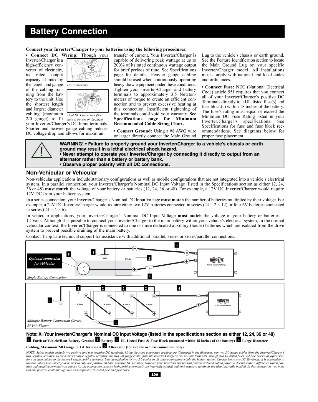 Tripp Lite APS3636VR, APS3624VR, APS750, APS2424, APS1012, APS1524, APS2448 Battery Connection, Non-Vehicular or Vehicular 