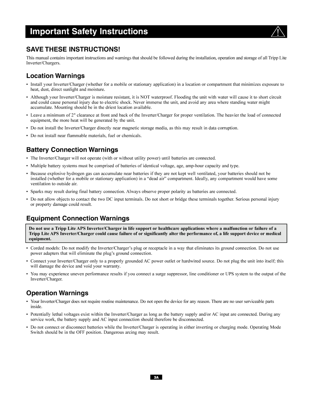 Tripp Lite APS2424 Important Safety Instructions, Location Warnings, Battery Connection Warnings, Operation Warnings 