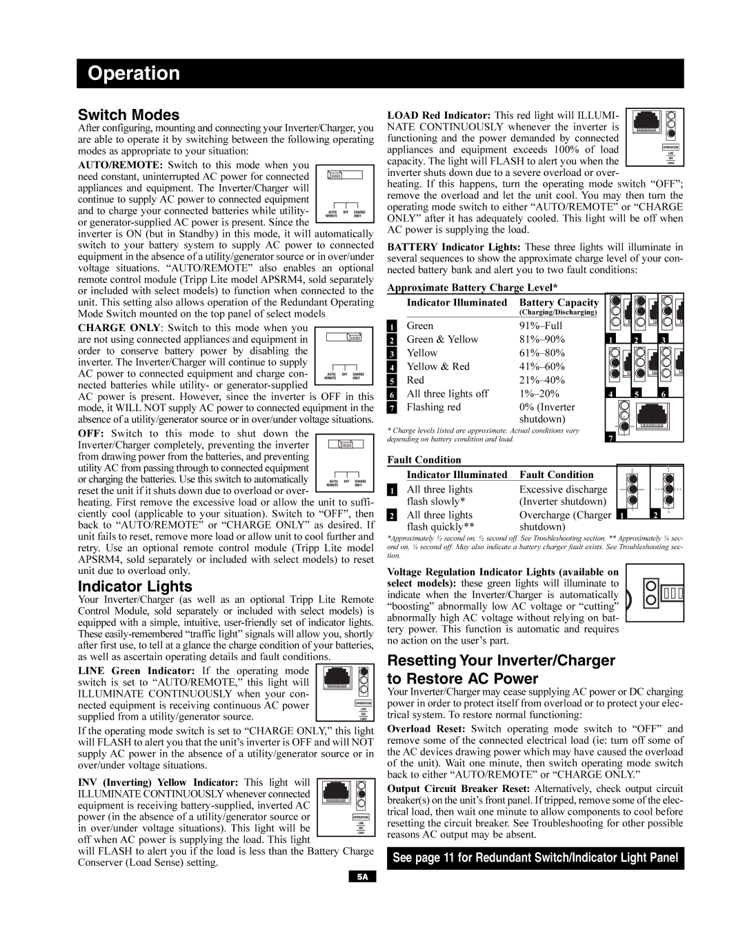 Tripp Lite APS1524, APS3624VR, APS3636VR, APS750, APS2424, APS1012, APS2448, APS1250 Operation, Switch Modes, Indicator Lights 