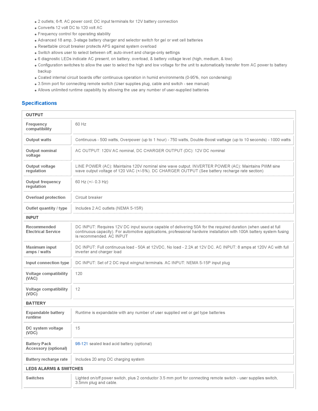 Tripp Lite APS512 instruction manual Specifications, Output, Input, Battery, Leds Alarms & Switches 