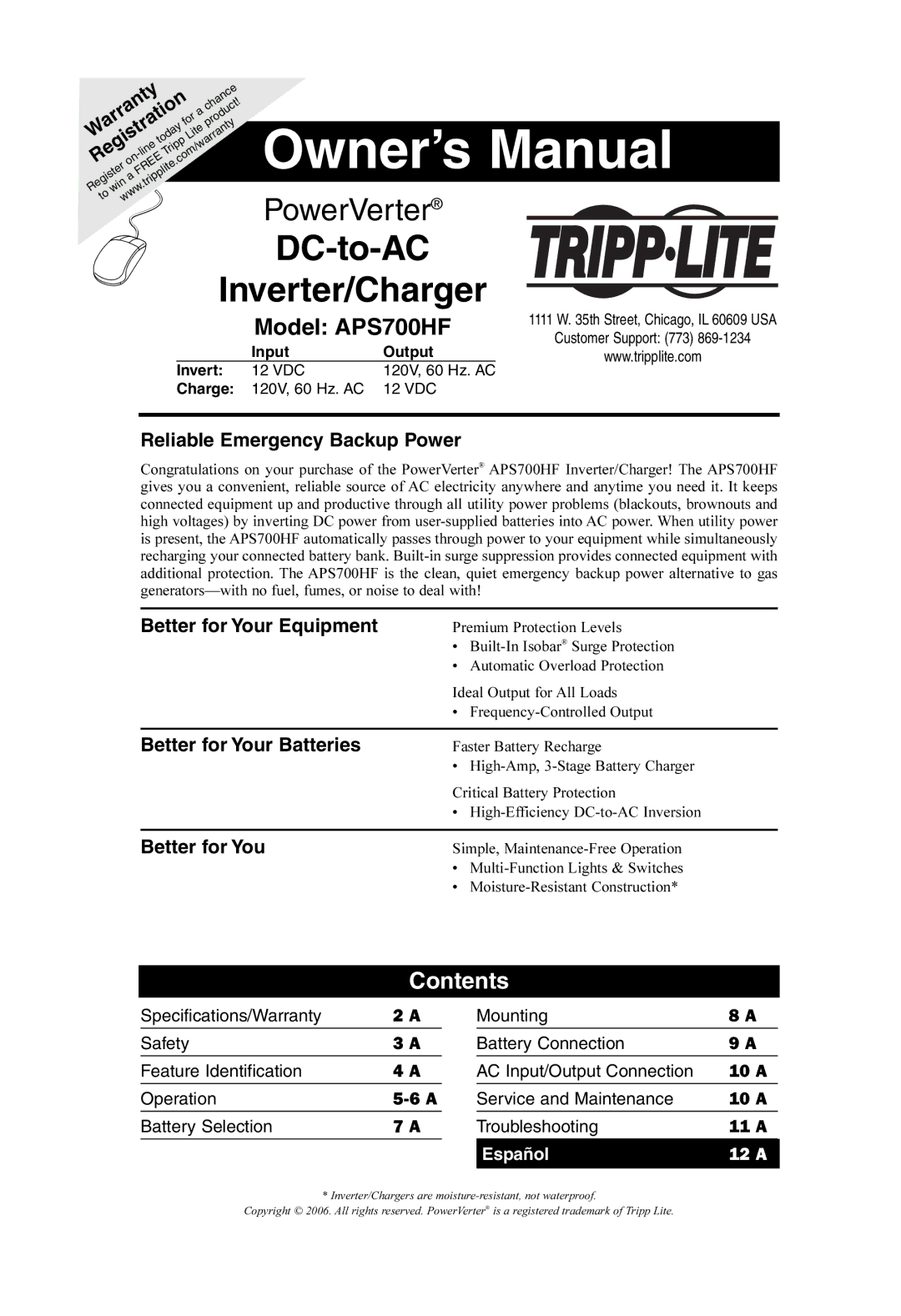 Tripp Lite APS700HF owner manual DC-to-AC Inverter/Charger, Contents 