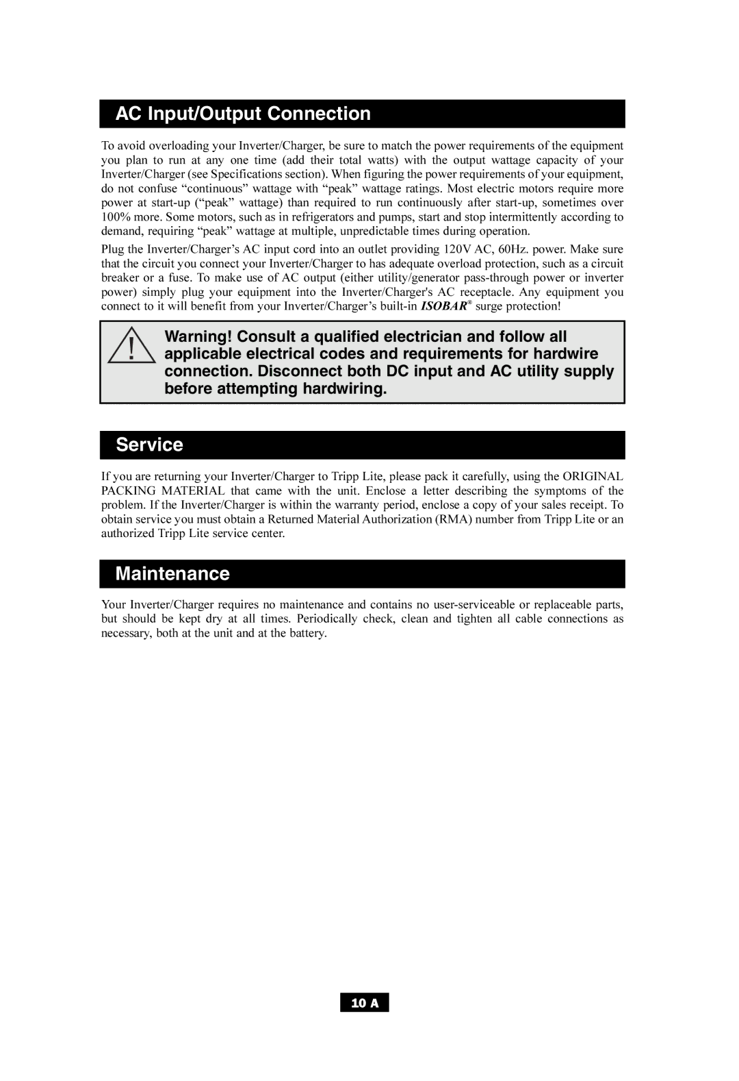 Tripp Lite APS700HF owner manual AC Input/Output Connection, Service, Maintenance 