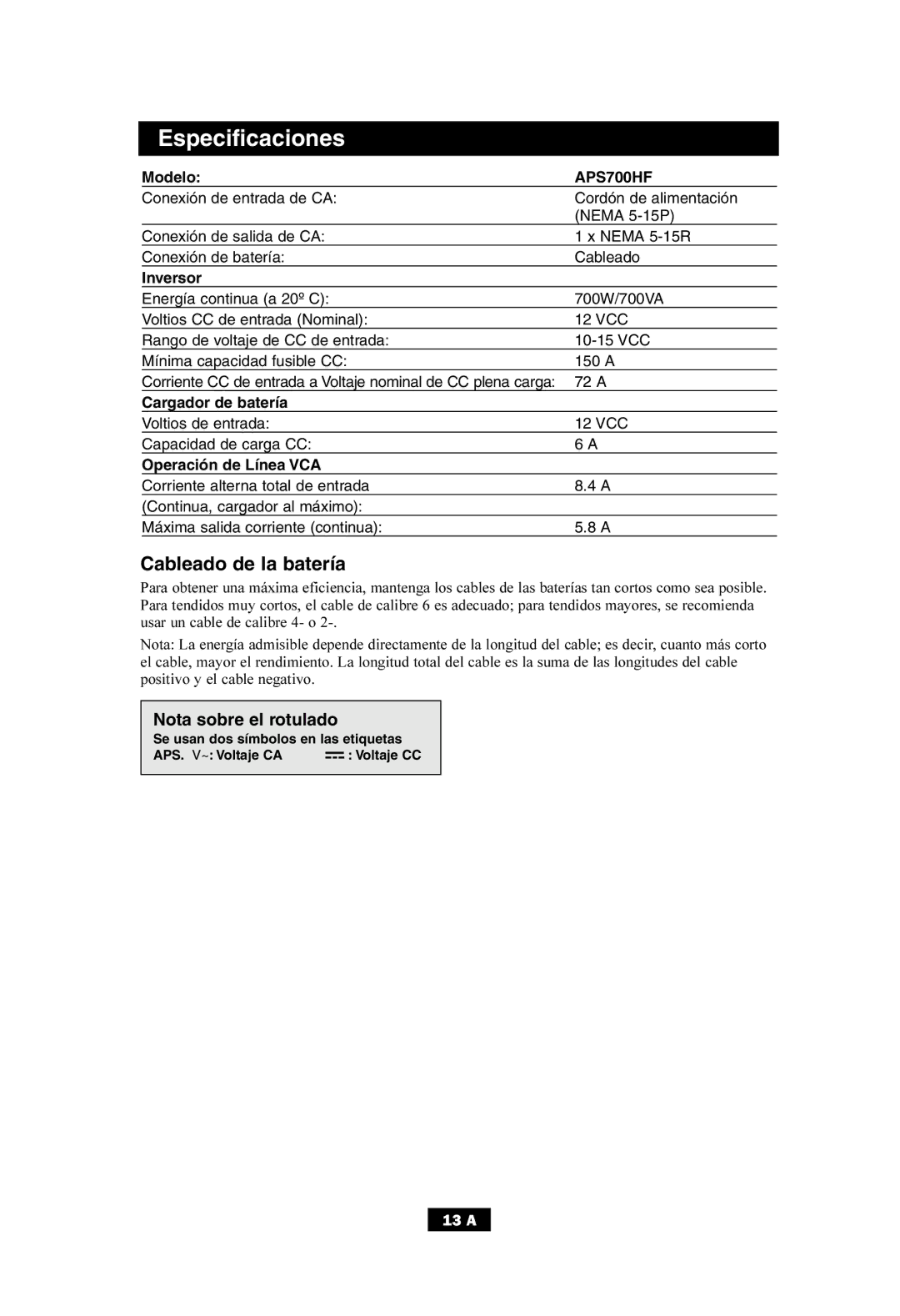 Tripp Lite APS700HF owner manual Especificaciones, Cableado de la batería 