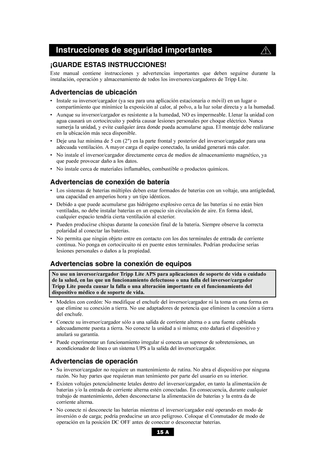 Tripp Lite APS700HF Instrucciones de seguridad importantes, Advertencias de ubicación, Advertencias de conexión de batería 