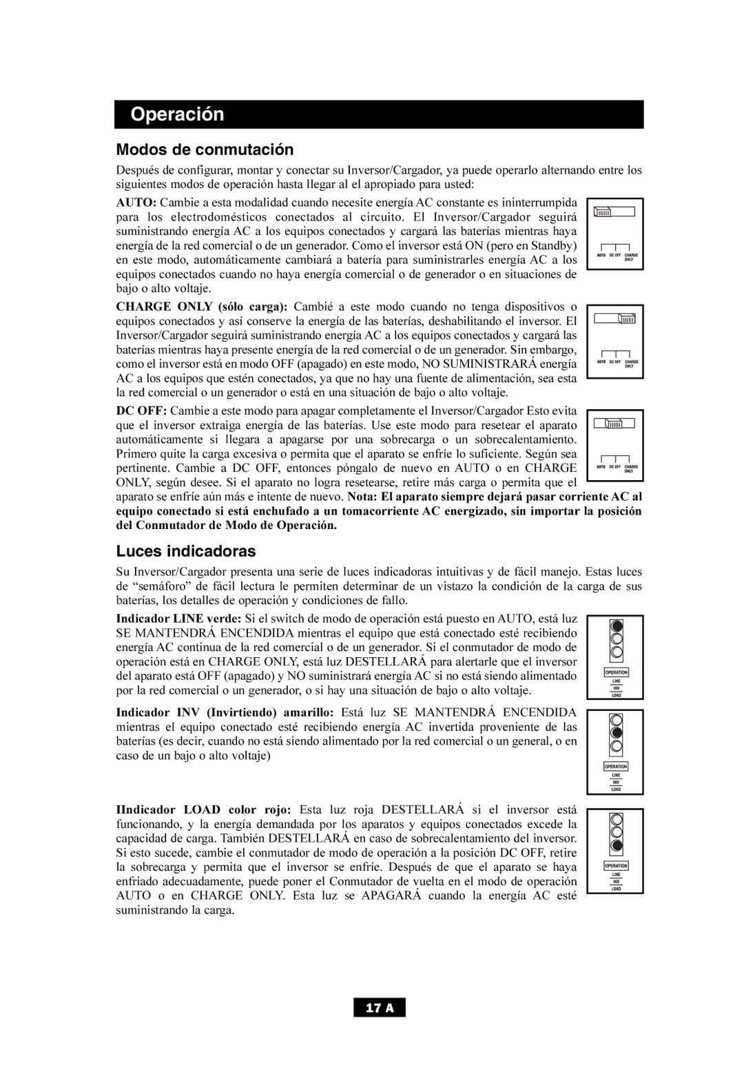 Tripp Lite APS700HF owner manual Operación, Modos de conmutación, Luces indicadoras 