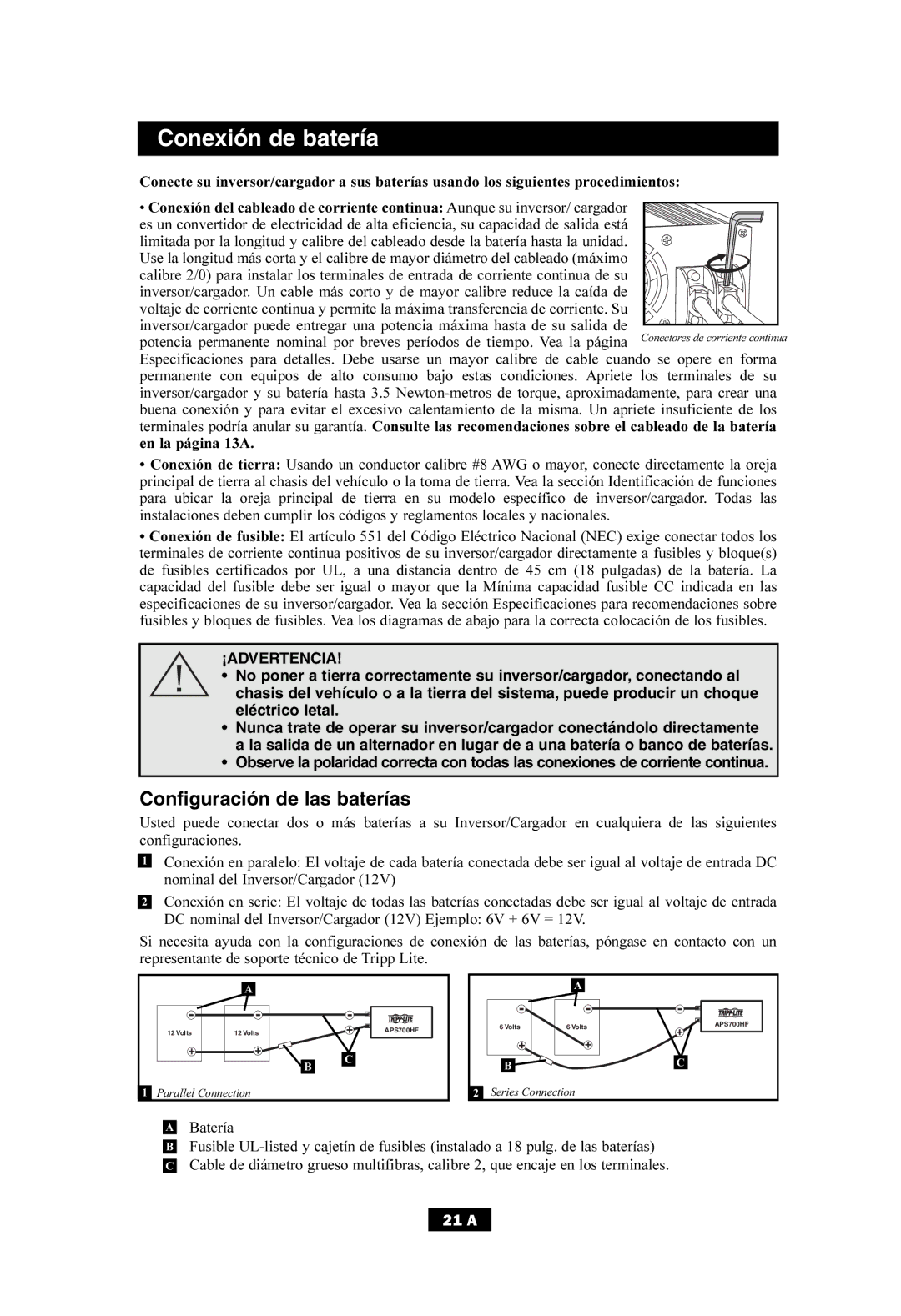 Tripp Lite APS700HF owner manual Conexión de batería, Configuración de las baterías, Batería 