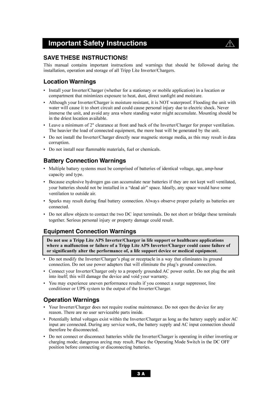 Tripp Lite APS700HF Important Safety Instructions, Location Warnings, Battery Connection Warnings, Operation Warnings 