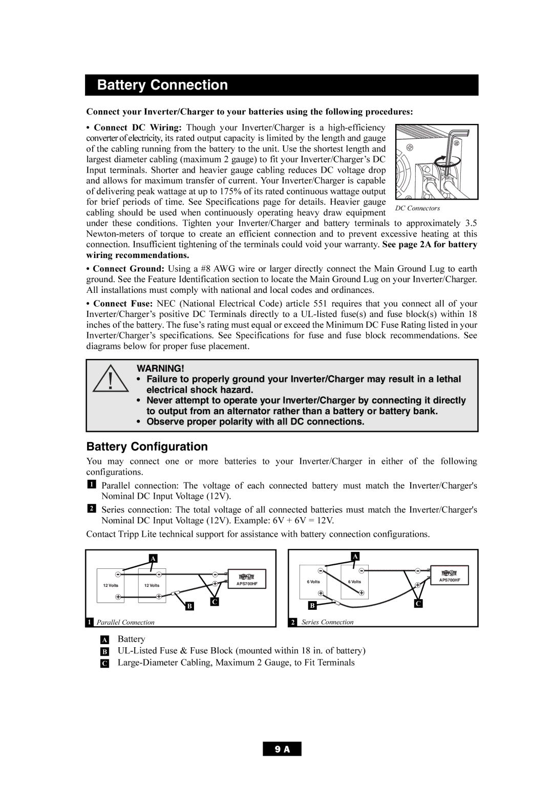 Tripp Lite APS700HF owner manual Battery Connection, Battery Configuration, Observe proper polarity with all DC connections 