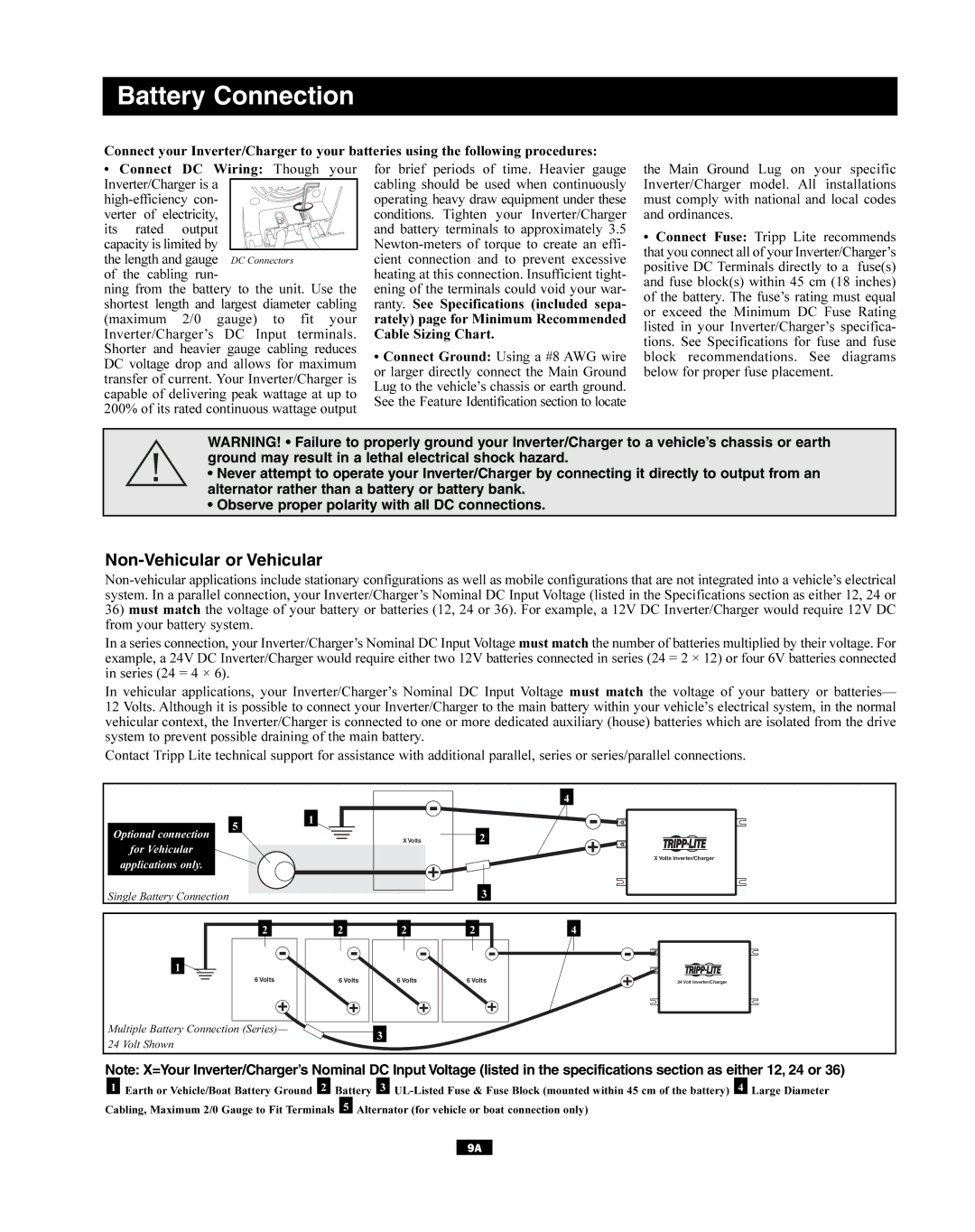 Tripp Lite APSINT Series owner manual Battery Connection, Non-Vehicular or Vehicular 