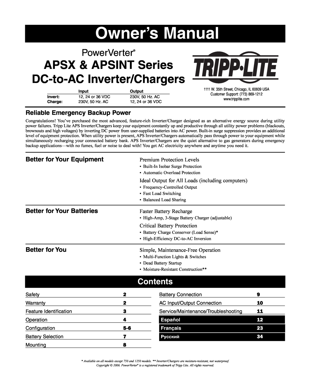 Tripp Lite APSINT Series owner manual Contents, Reliable Emergency Backup Power, Better for Your Equipment, Owner’s Manual 