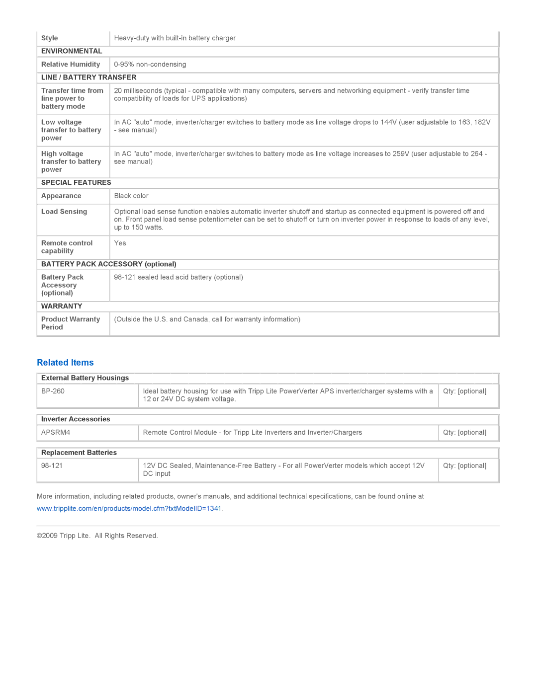 Tripp Lite APSINT3636VR specifications Related Items, Environmental, Line / Battery Transfer, Special Features, Warranty 
