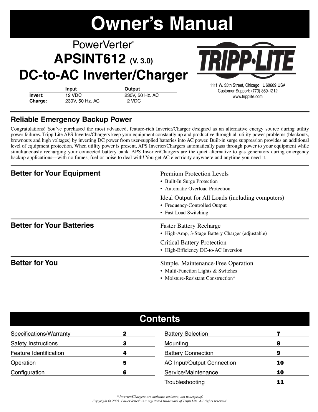 Tripp Lite owner manual APSINT612 V DC-to-AC Inverter/Charger, Contents 