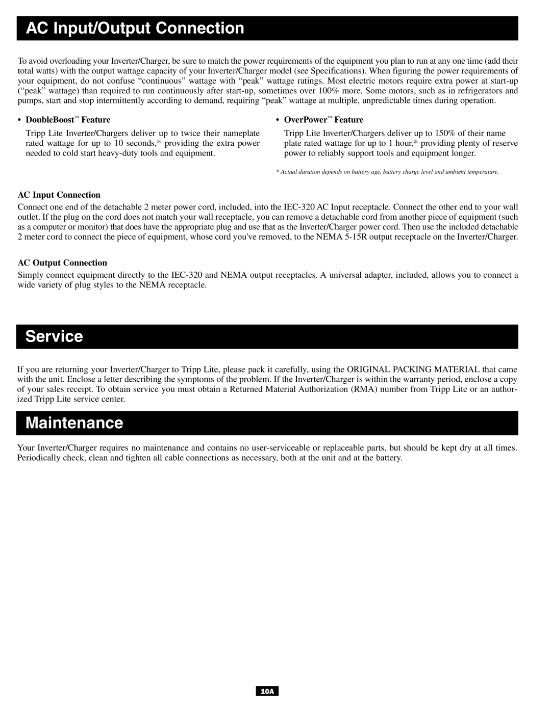 Tripp Lite APSINT612 owner manual AC Input/Output Connection, Service, Maintenance 