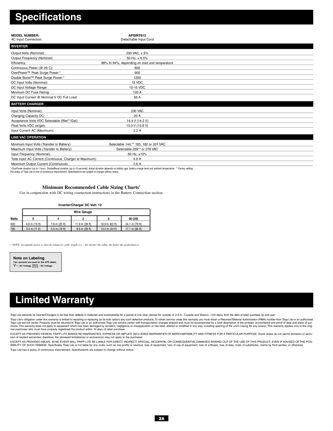 Tripp Lite APSINT612 owner manual Specifications, Limited Warranty 