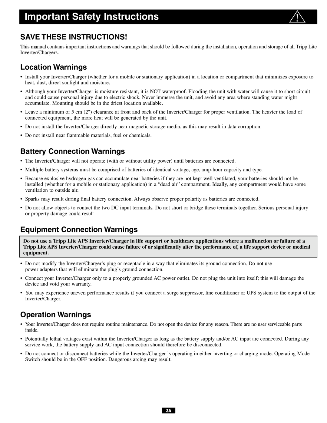 Tripp Lite APSINT612 Important Safety Instructions, Location Warnings, Battery Connection Warnings, Operation Warnings 