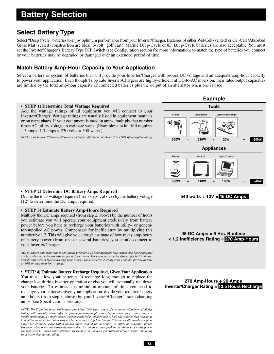 Tripp Lite APSINT612 owner manual Battery Selection, Select Battery Type, Determine Total Wattage Required 