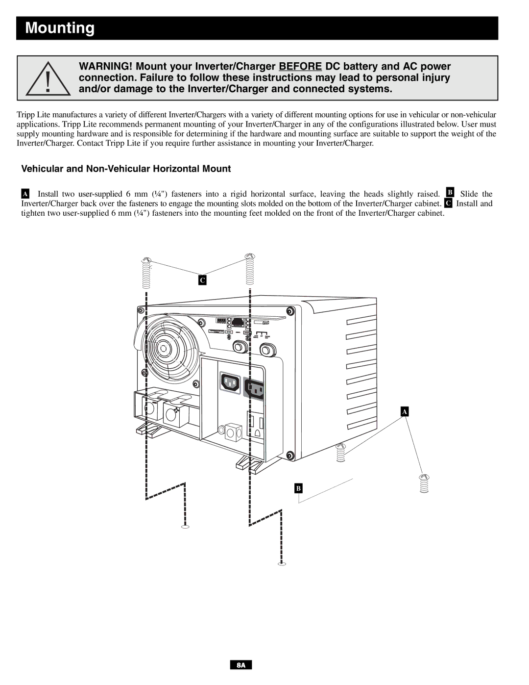 Tripp Lite APSINT612 owner manual Mounting, Vehicular and Non-Vehicular Horizontal Mount 