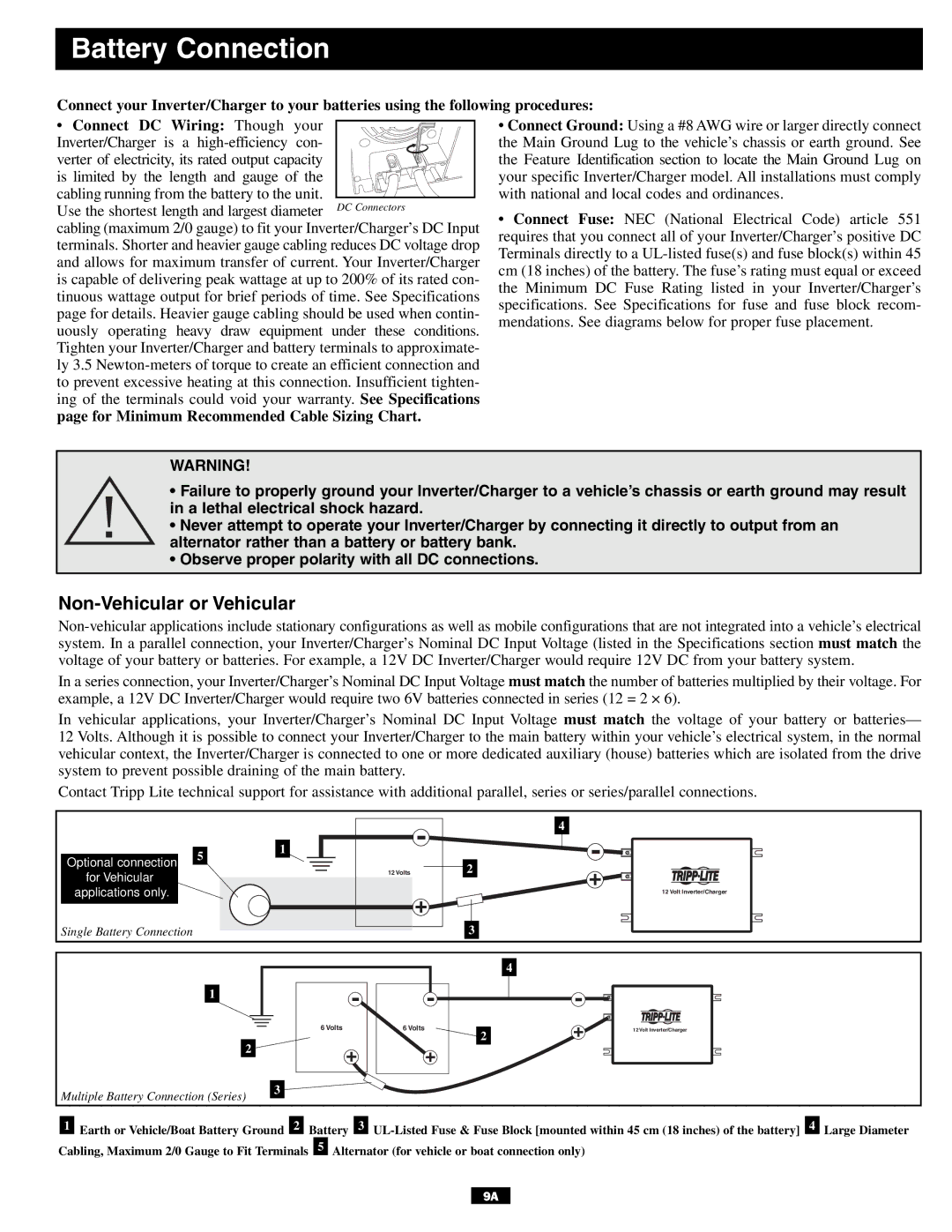 Tripp Lite APSINT612 owner manual Battery Connection, Use the shortest length and largest diameter 