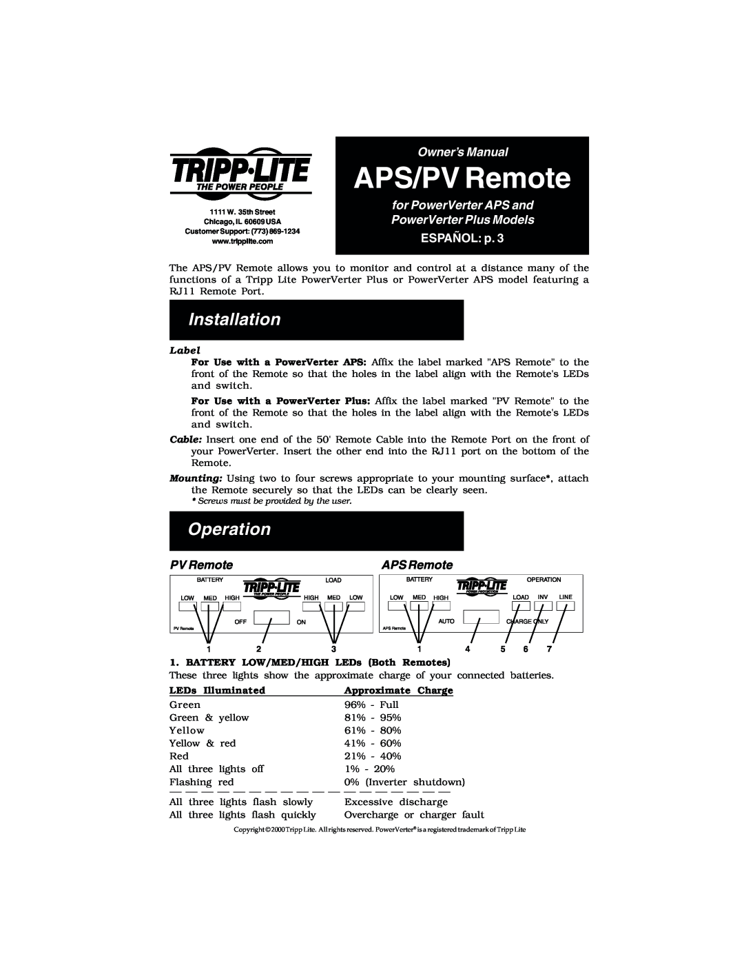 Tripp Lite owner manual APS/PV Remote, Installation, Operation, Owner’s Manual, APS Remote, ESPAÑOL p, Label 