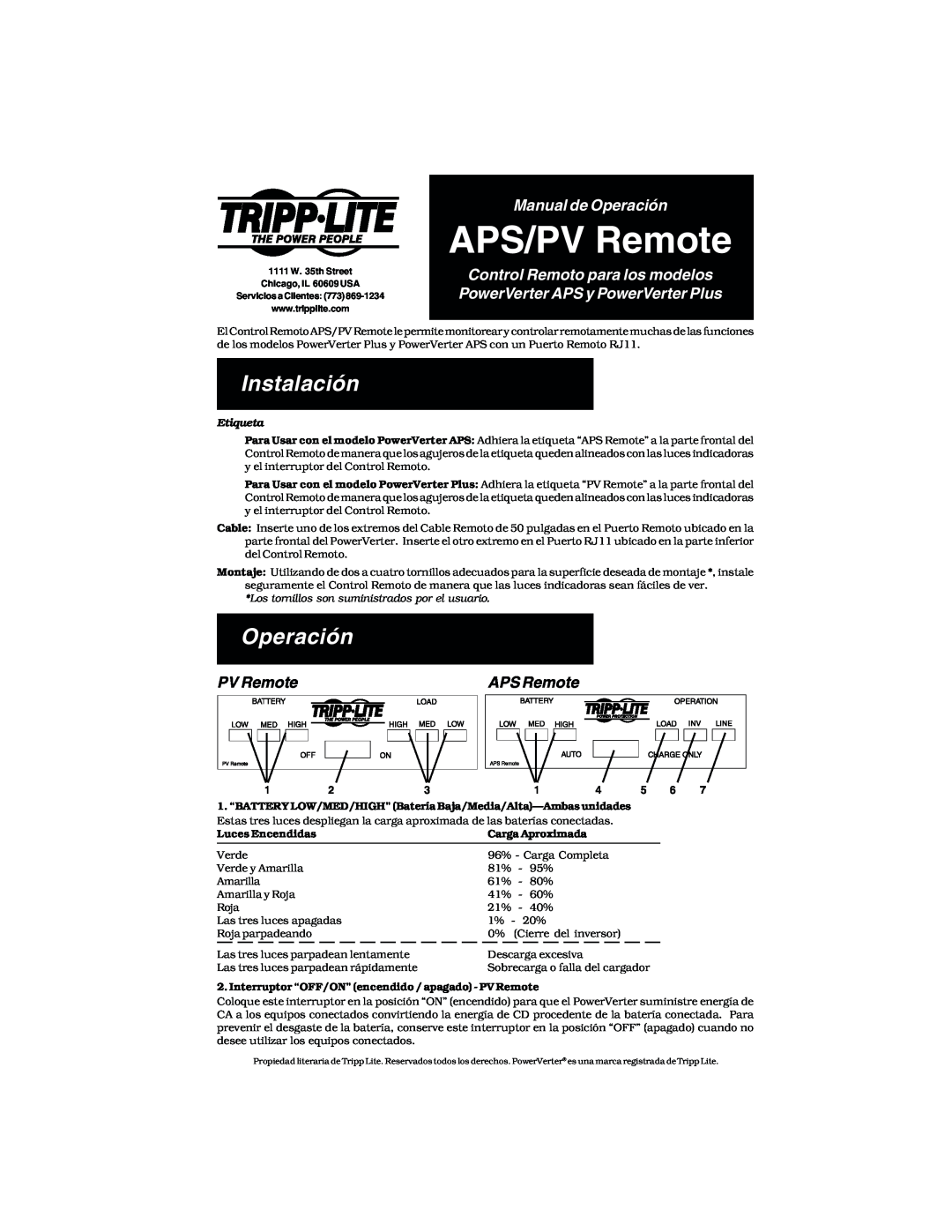 Tripp Lite APS/PV Instalación, Manual de Operación, Control Remoto para los modelos PowerVerter APS y PowerVerter Plus 