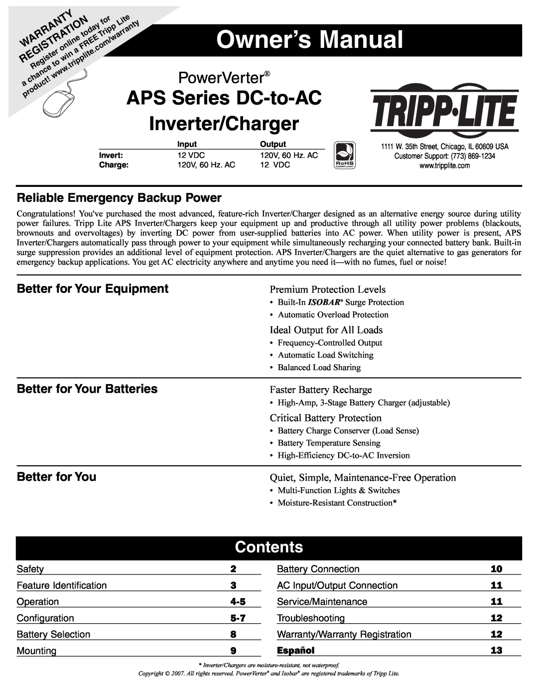 Tripp Lite APSRM4 owner manual Contents, Reliable Emergency Backup Power, Better for Your Equipment, Warranty, PowerVerter 