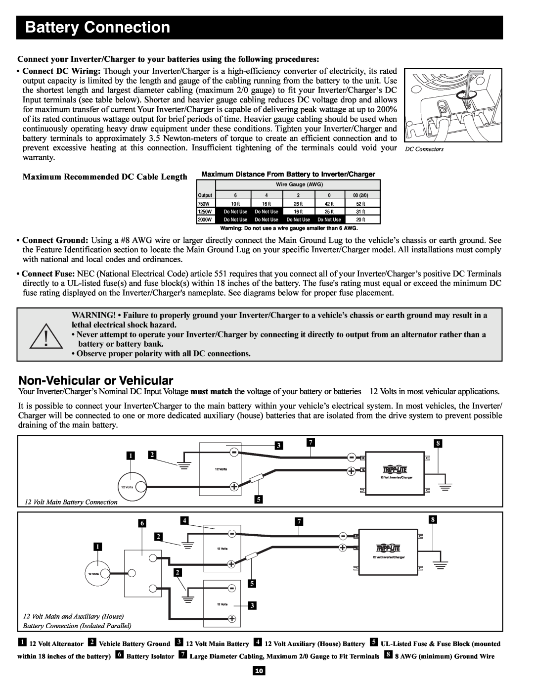 Tripp Lite APSRM4 owner manual Battery Connection, Non-Vehicular or Vehicular 