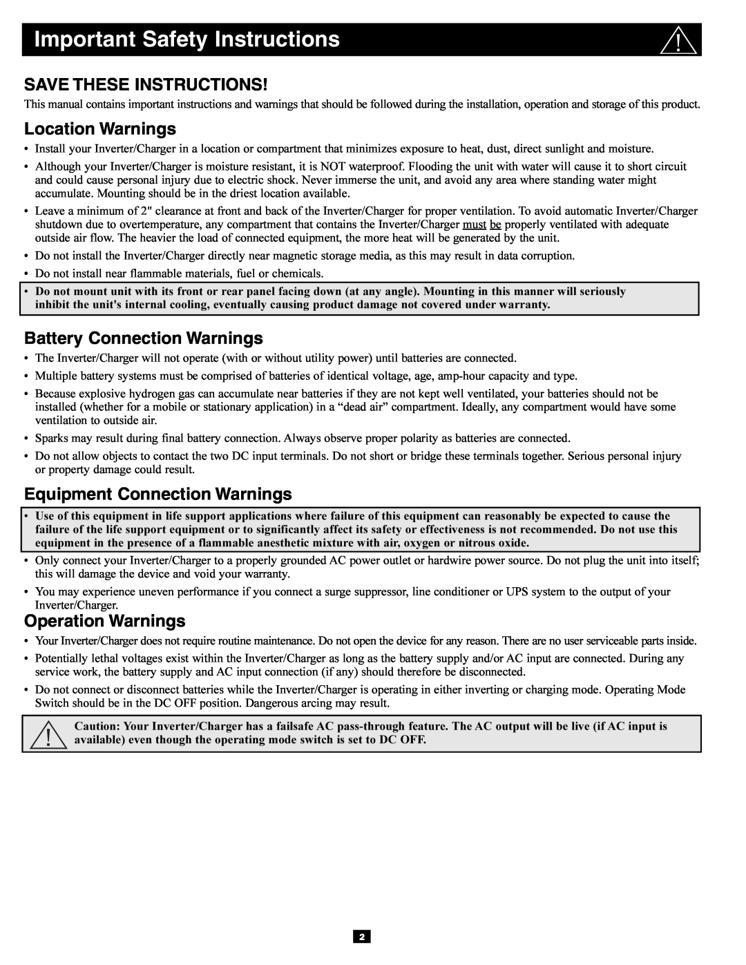 Tripp Lite APSRM4 Important Safety Instructions, Save These Instructions, Location Warnings, Battery Connection Warnings 