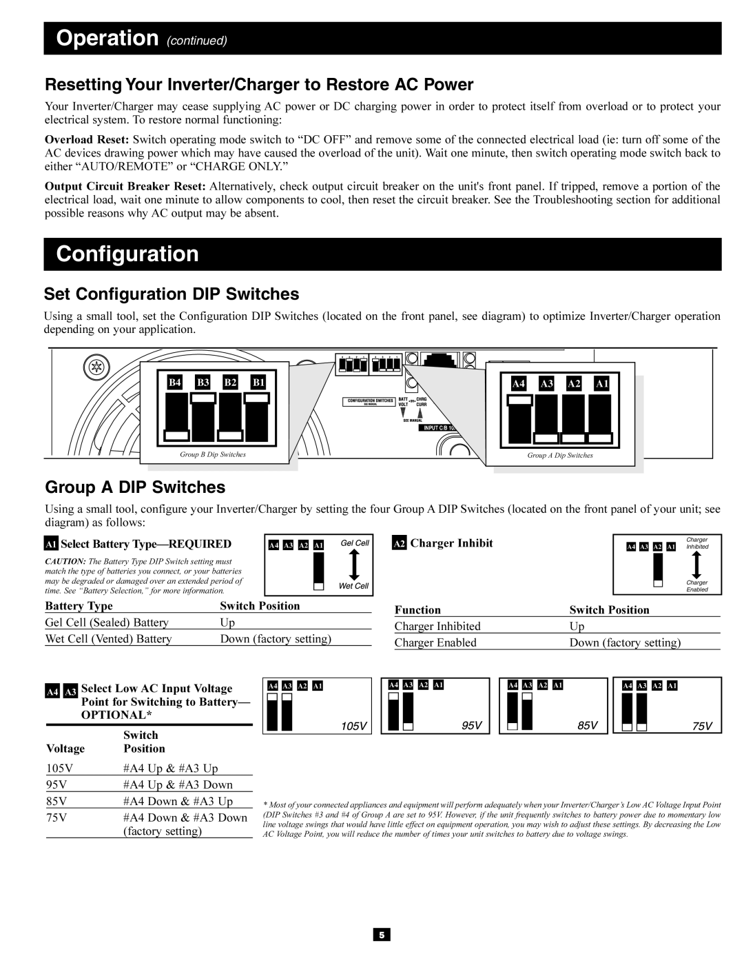 Tripp Lite APSRM4 owner manual Resetting Your Inverter/Charger to Restore AC Power, Set Configuration DIP Switches 