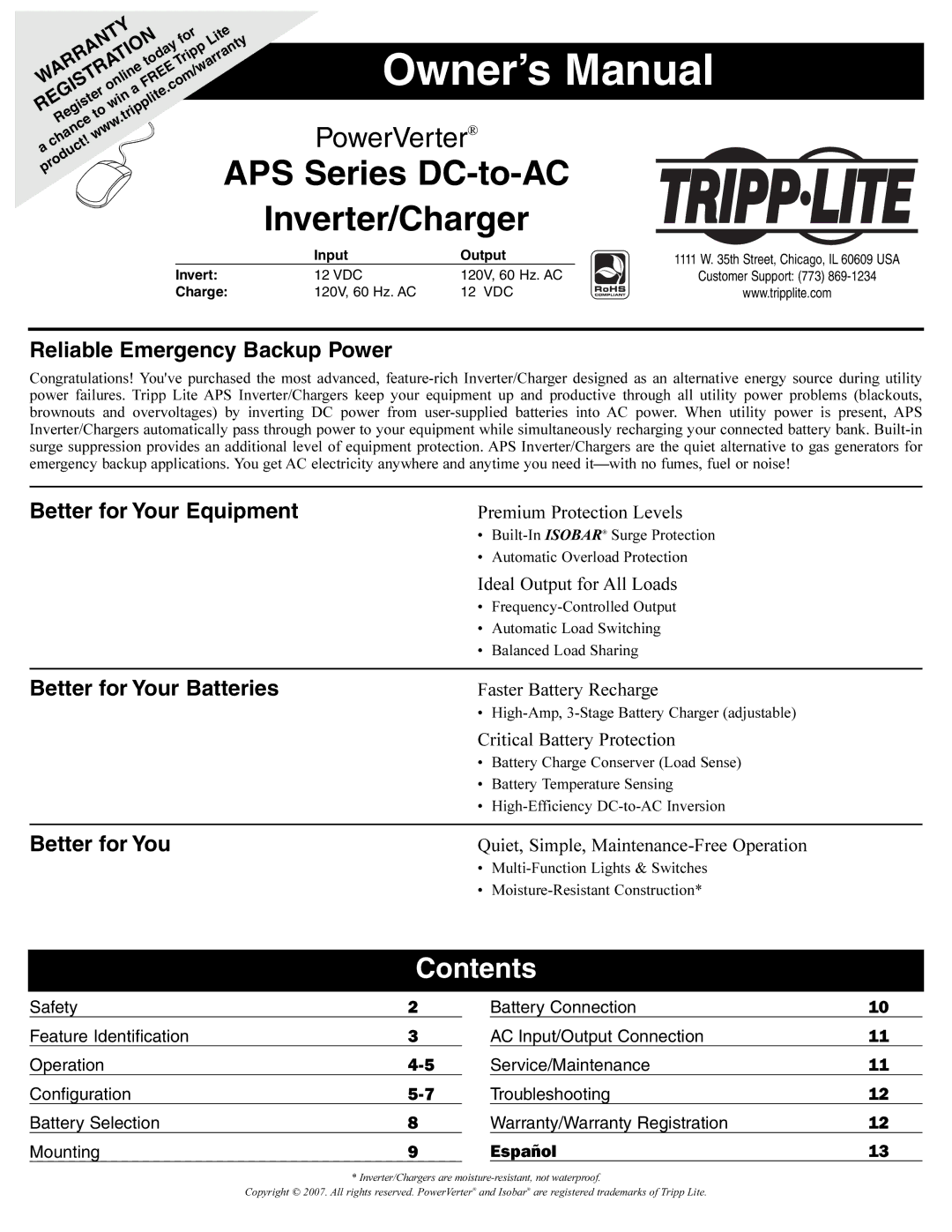 Tripp Lite APSRM4 owner manual APS Series DC-to-AC Inverter/Charger, Contents 