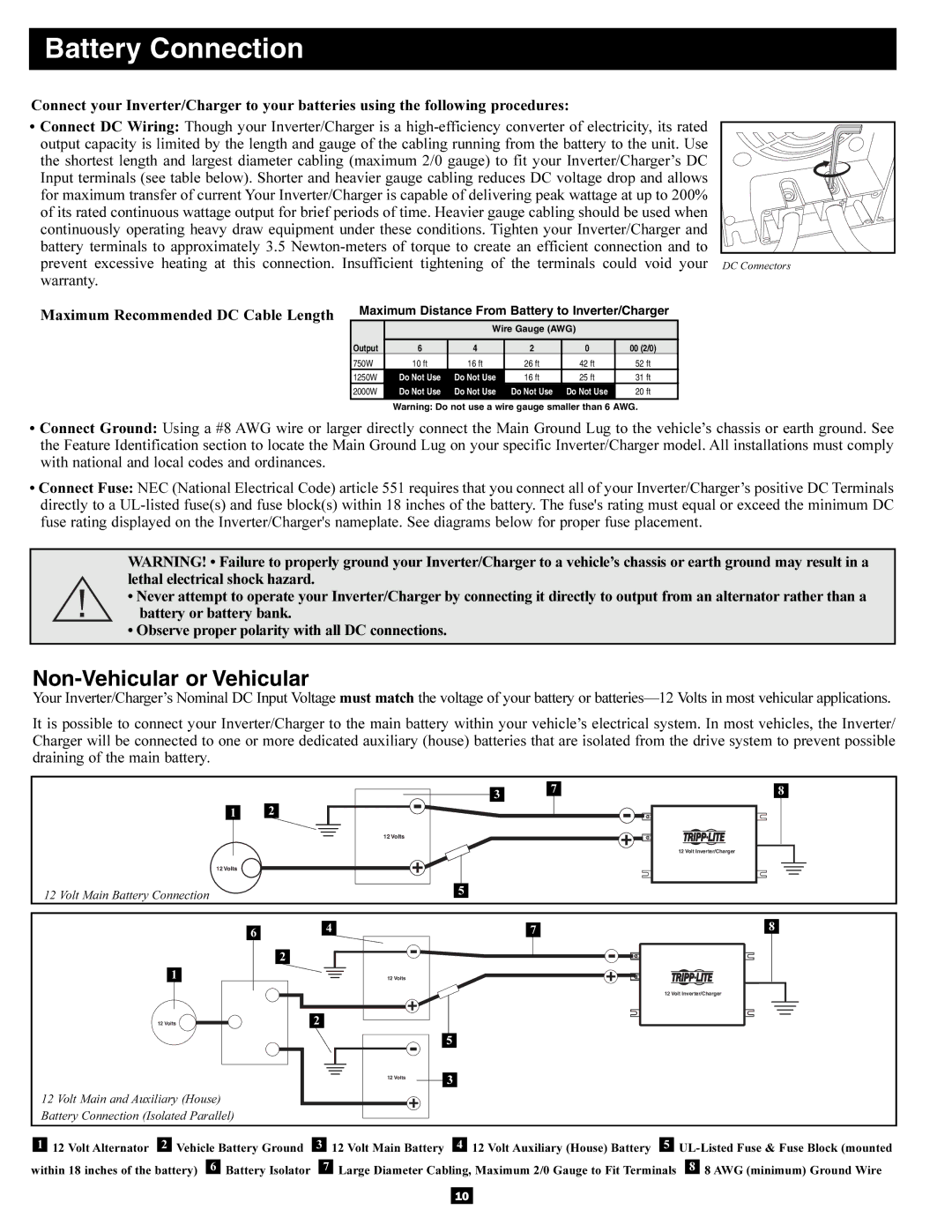 Tripp Lite APSRM4 owner manual Battery Connection, Non-Vehicular or Vehicular 