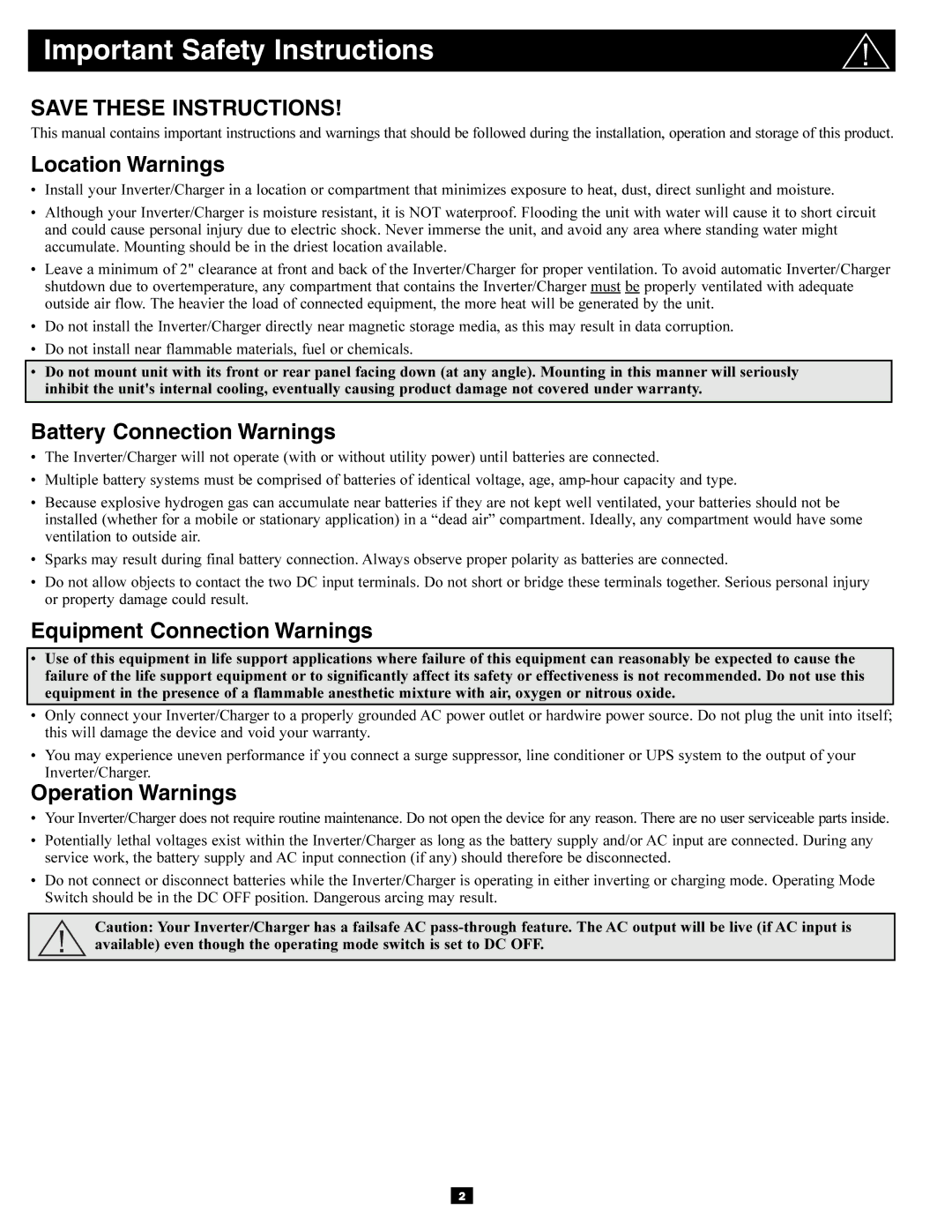 Tripp Lite APSRM4 Important Safety Instructions, Location Warnings, Battery Connection Warnings, Operation Warnings 