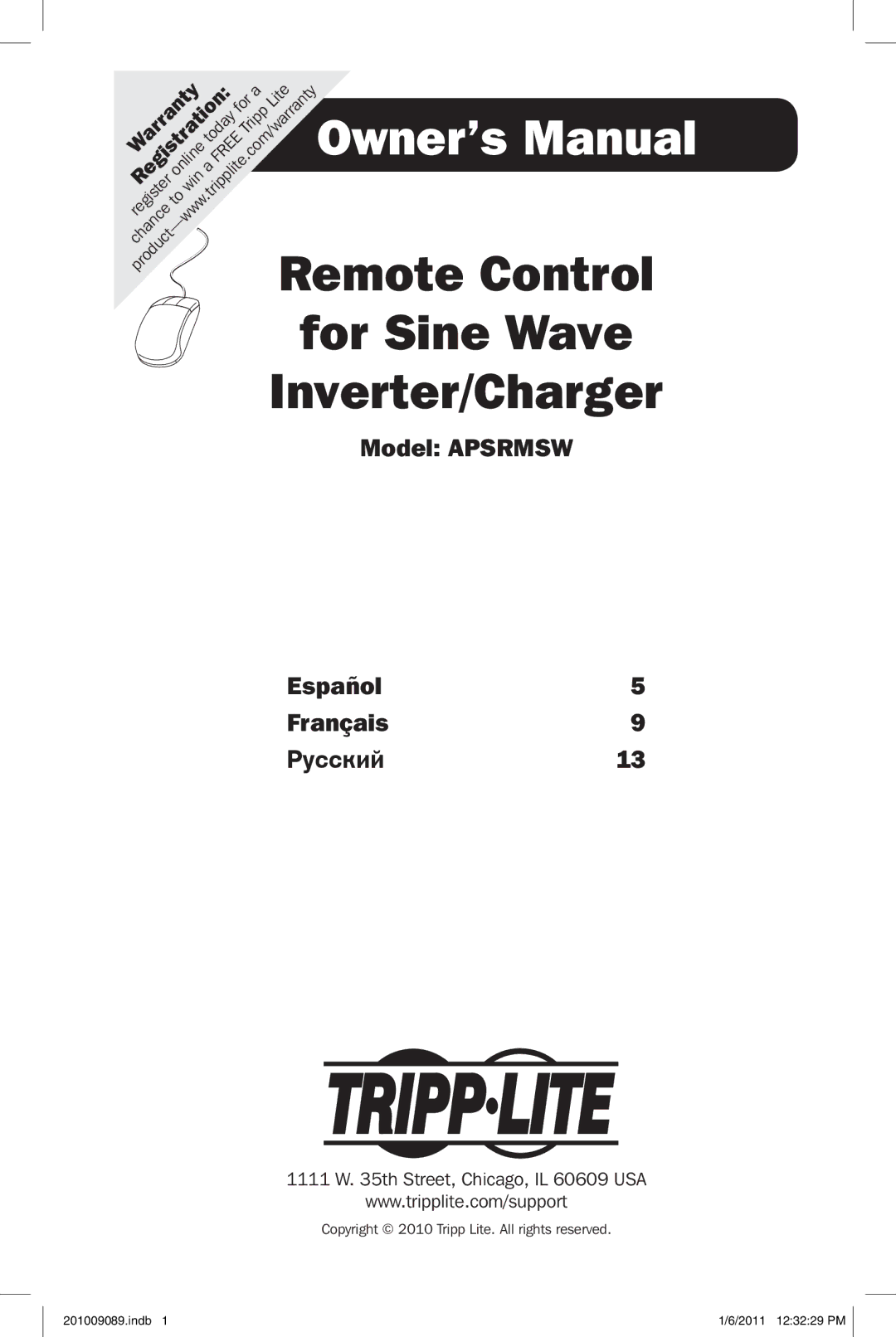 Tripp Lite APSRMSW owner manual For Sine Wave Inverter/Charger, Model Apsrmsw Español5 Français9 