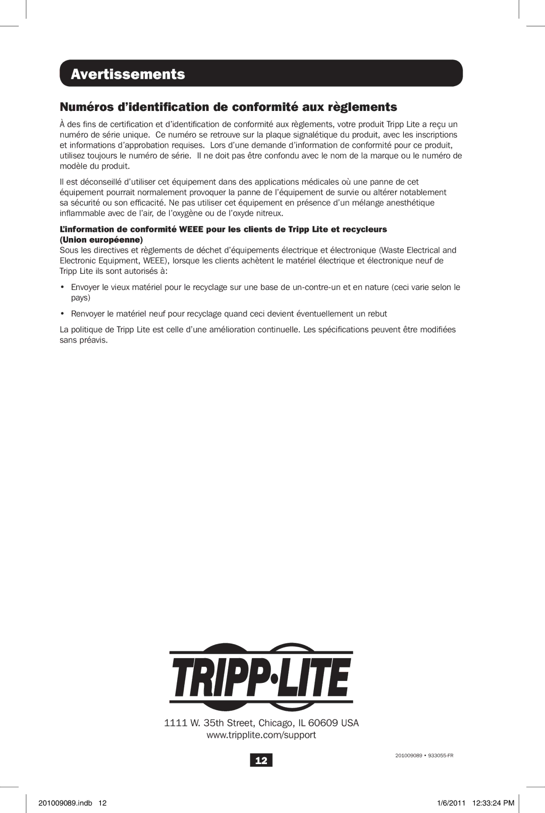 Tripp Lite APSRMSW owner manual Avertissements, Numéros d’identification de conformité aux règlements 