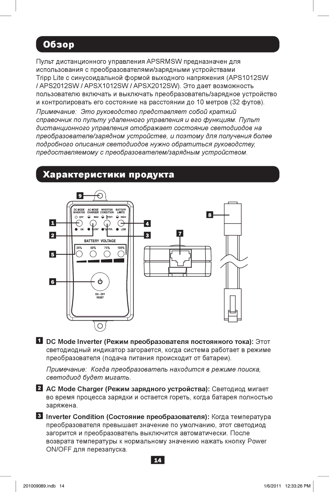 Tripp Lite APSRMSW owner manual Обзор, Характеристики продукта 