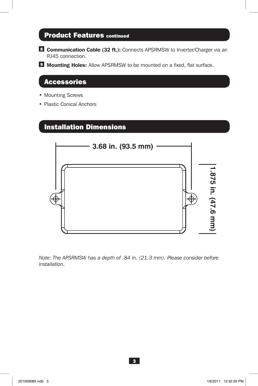 Tripp Lite APSRMSW owner manual Accessories, Installation Dimensions, 68 in .5 mm 875 in .6 mm 