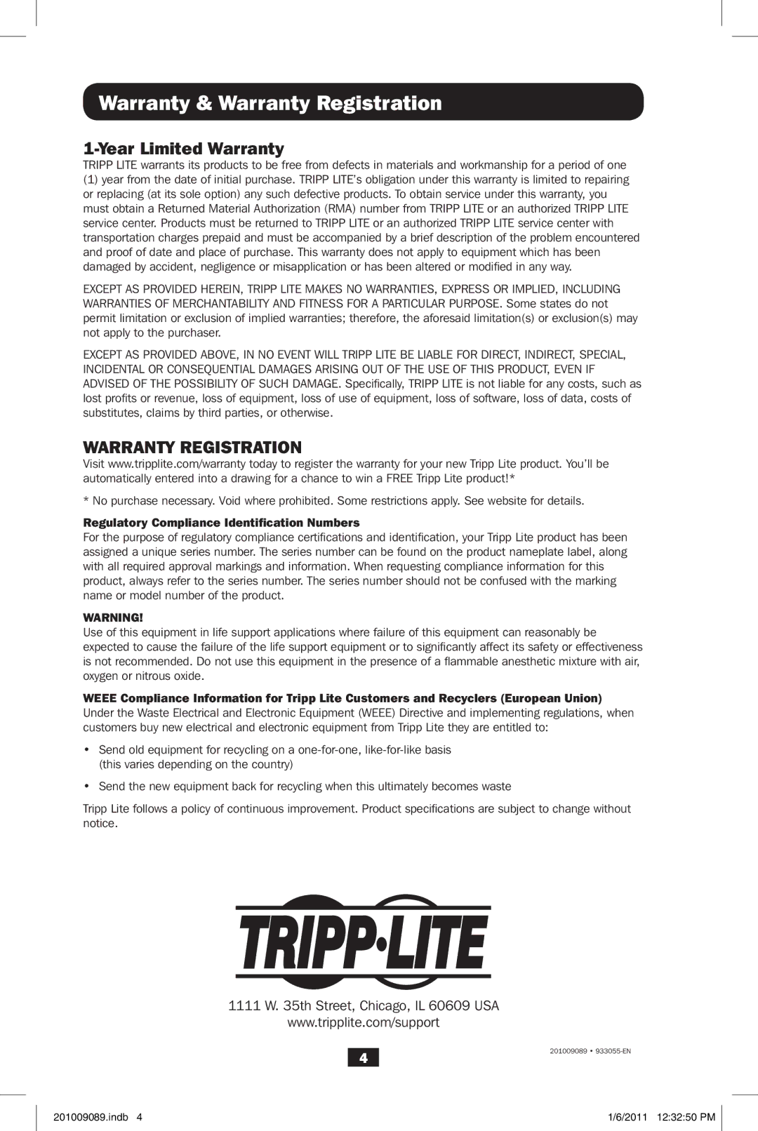 Tripp Lite APSRMSW owner manual Warranty & Warranty Registration, Year Limited Warranty 