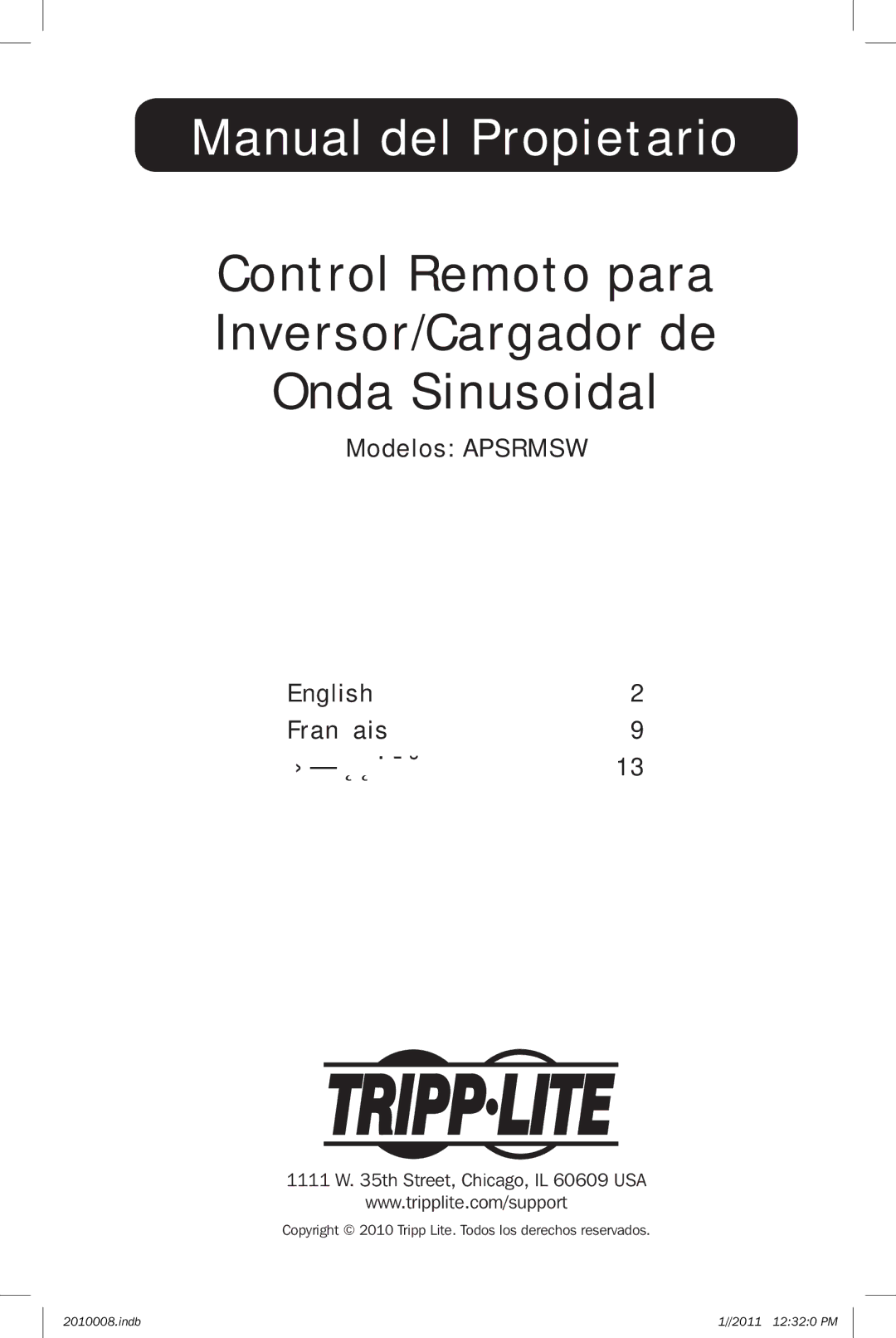 Tripp Lite APSRMSW owner manual Manual del Propietario, Modelos Apsrmsw English2 Français9 