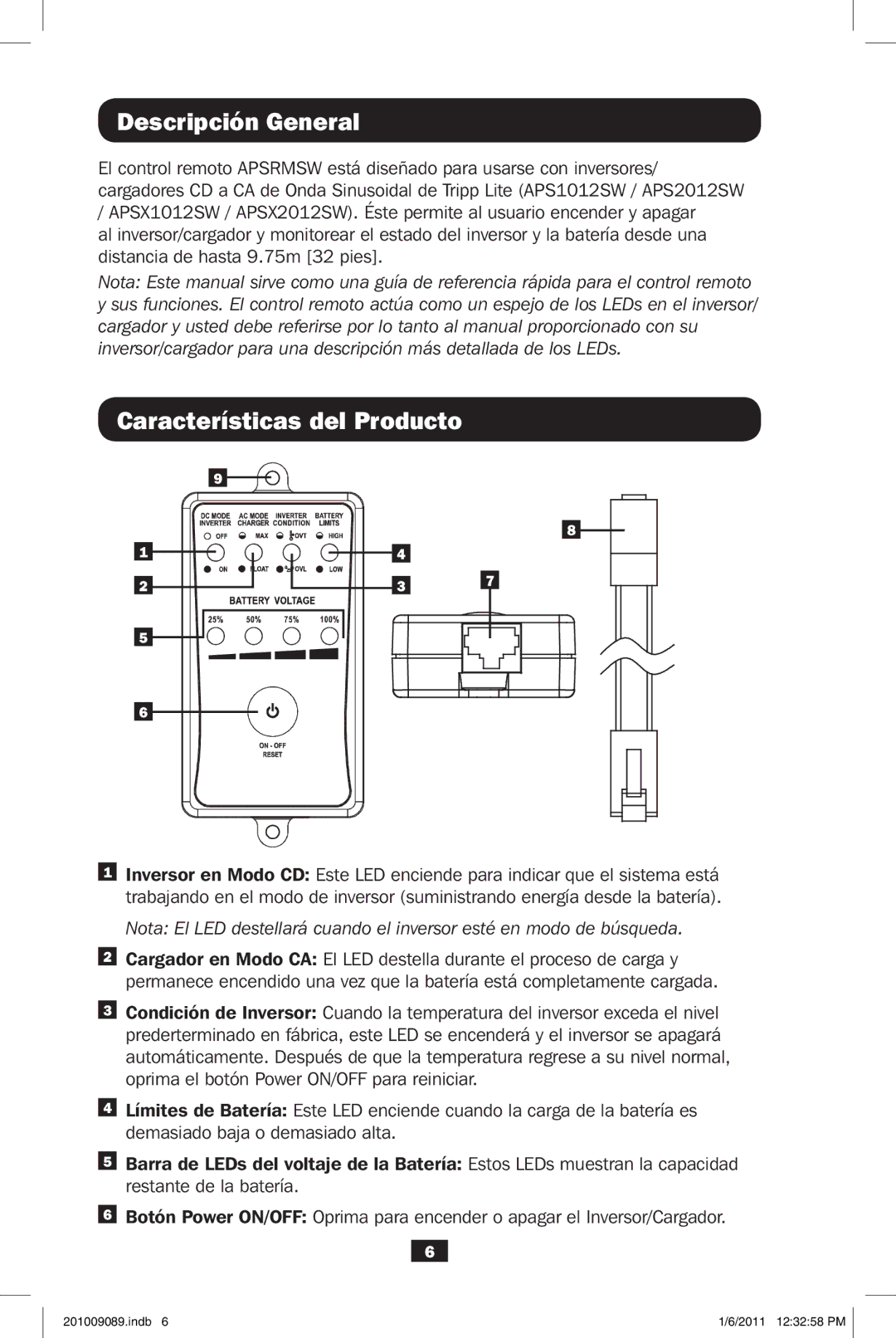 Tripp Lite APSRMSW owner manual Descripción General, Características del Producto 