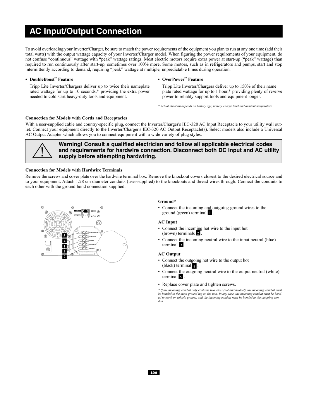 Tripp Lite APSX, APINT Series owner manual AC Input/Output Connection 