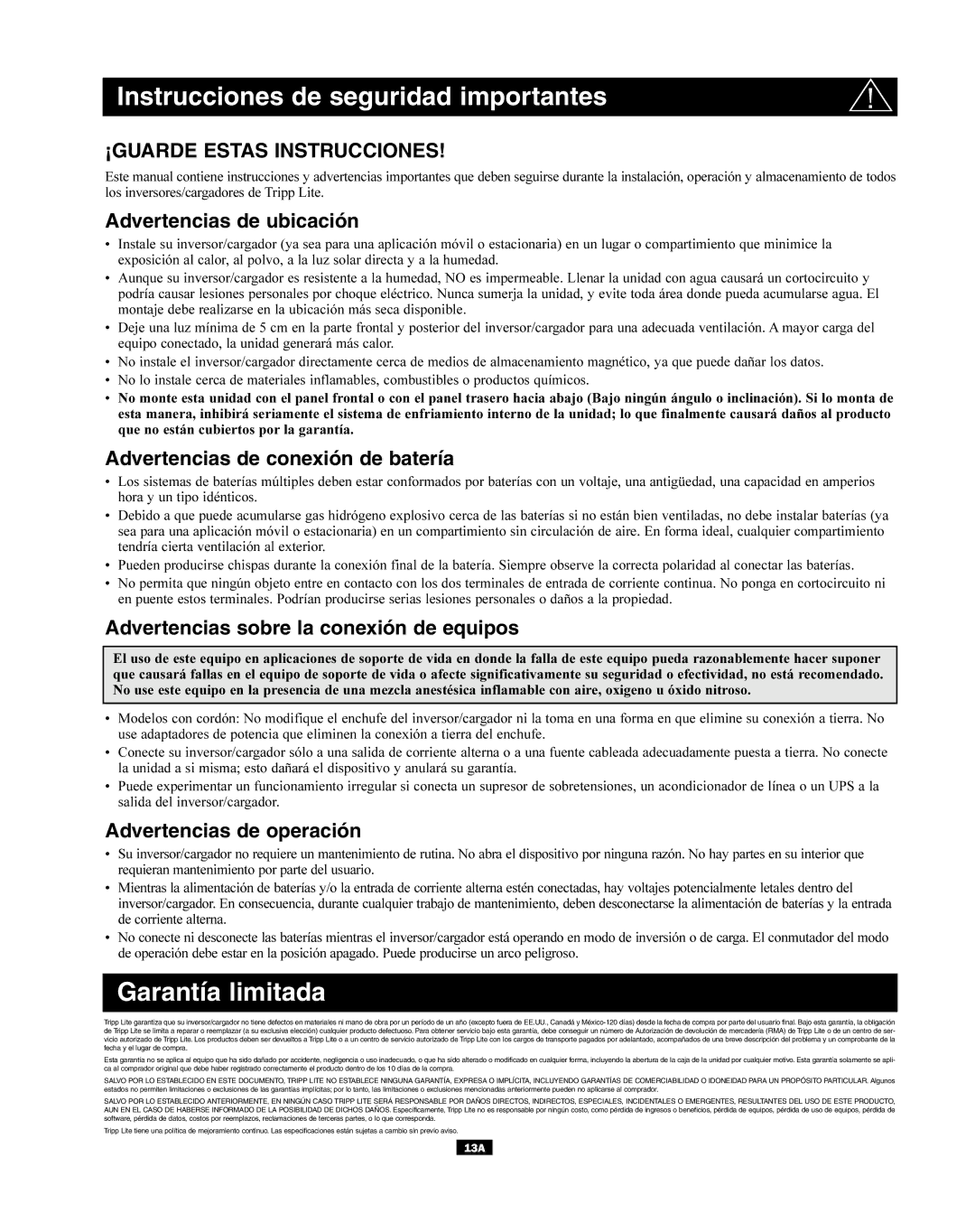 Tripp Lite APINT Series, APSX owner manual Instrucciones de seguridad importantes, Garantía limitada 