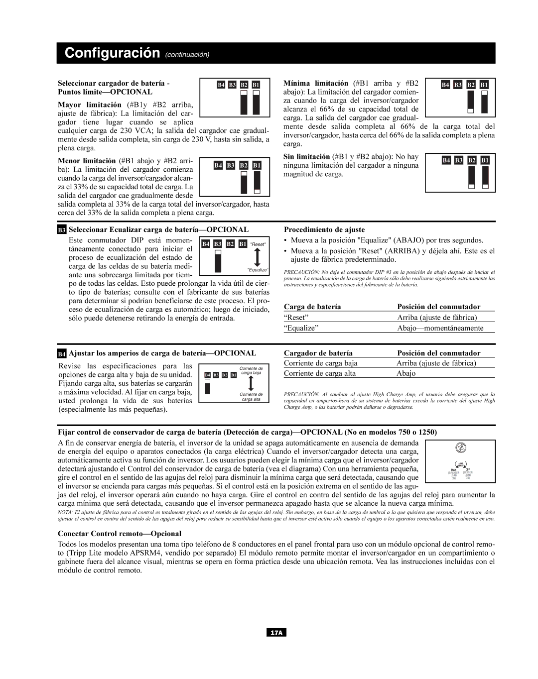 Tripp Lite APINT Series, APSX owner manual Configuración continuación, Opciones de carga alta y baja de su unidad 