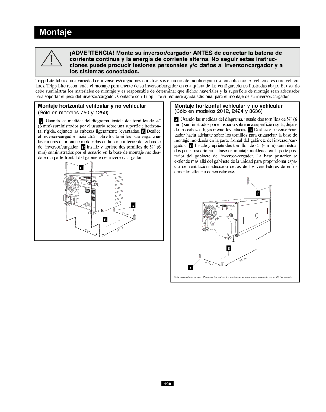 Tripp Lite APINT Series, APSX owner manual Montaje horizontal vehicular y no vehicular 