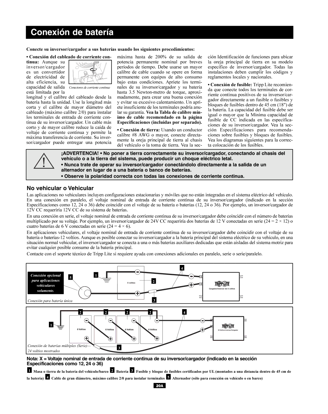 Tripp Lite APSX, APINT Series owner manual Conexión de batería, No vehicular o Vehicular 