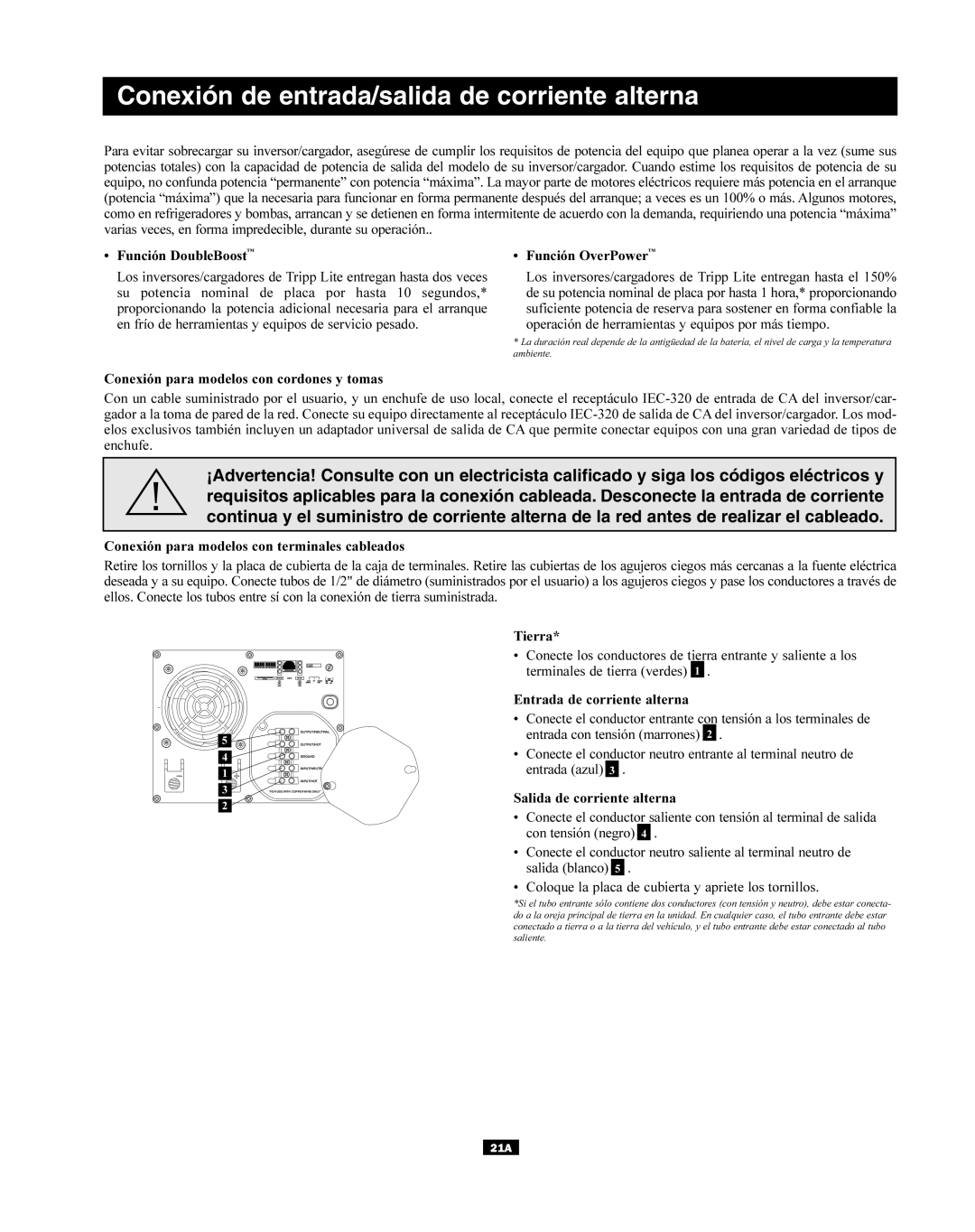 Tripp Lite APINT Series, APSX owner manual Conexión de entrada/salida de corriente alterna 