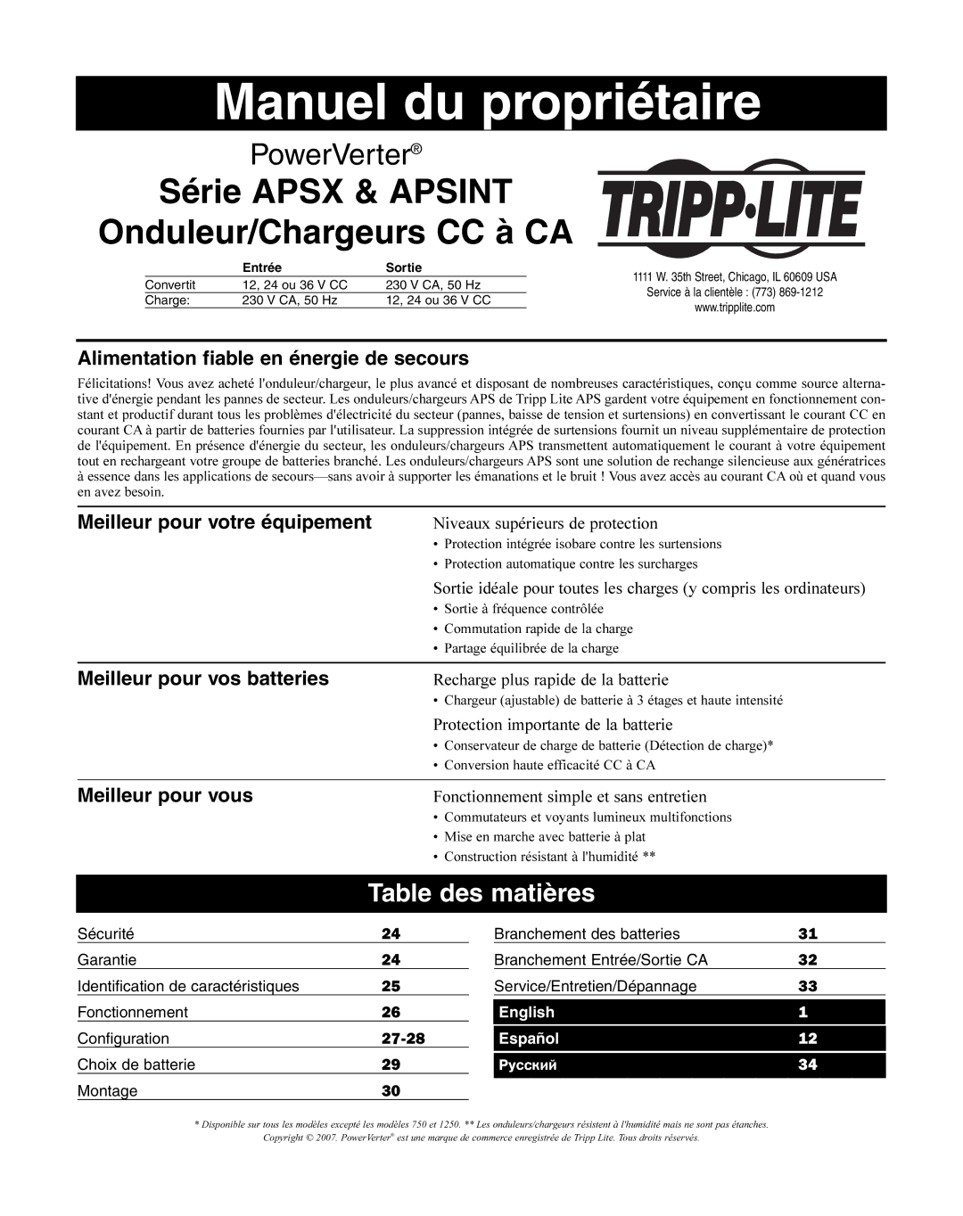 Tripp Lite APINT Series Table des matières, Alimentation fiable en énergie de secours, Meilleur pour votre équipement 