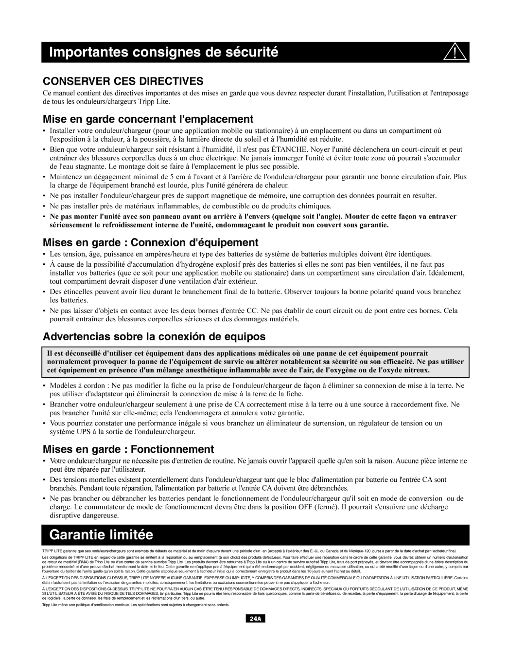 Tripp Lite APSX, APINT Series Importantes consignes de sécurité, Garantie limitée, Mise en garde concernant lemplacement 