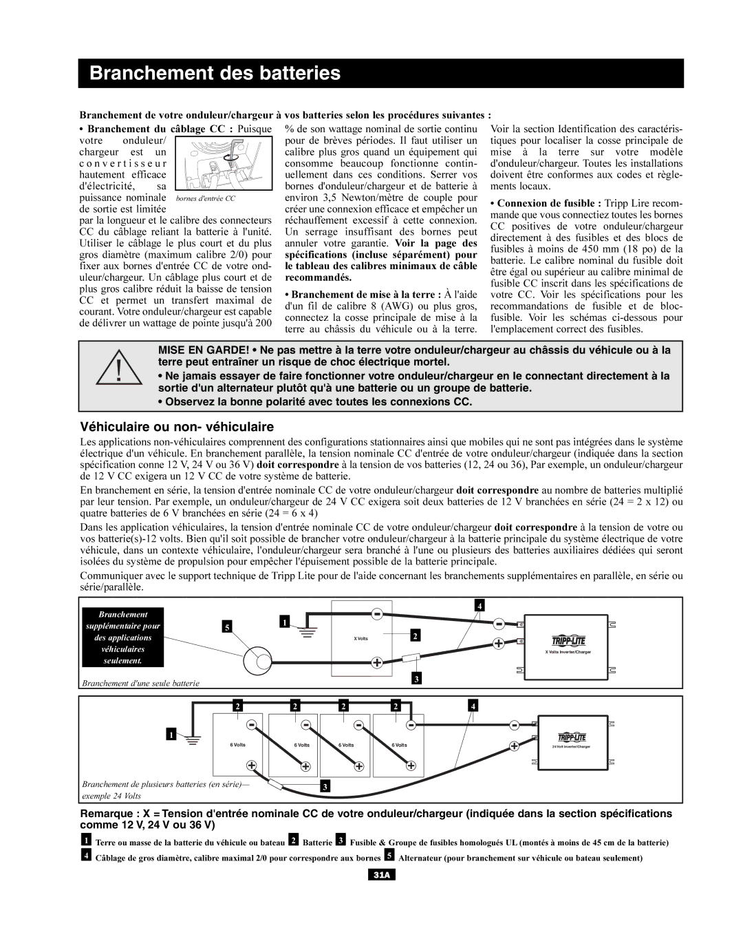 Tripp Lite APINT Series, APSX owner manual Branchement des batteries, Véhiculaire ou non- véhiculaire 