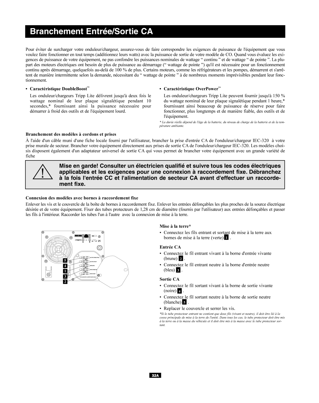 Tripp Lite APSX, APINT Series owner manual Branchement Entrée/Sortie CA 