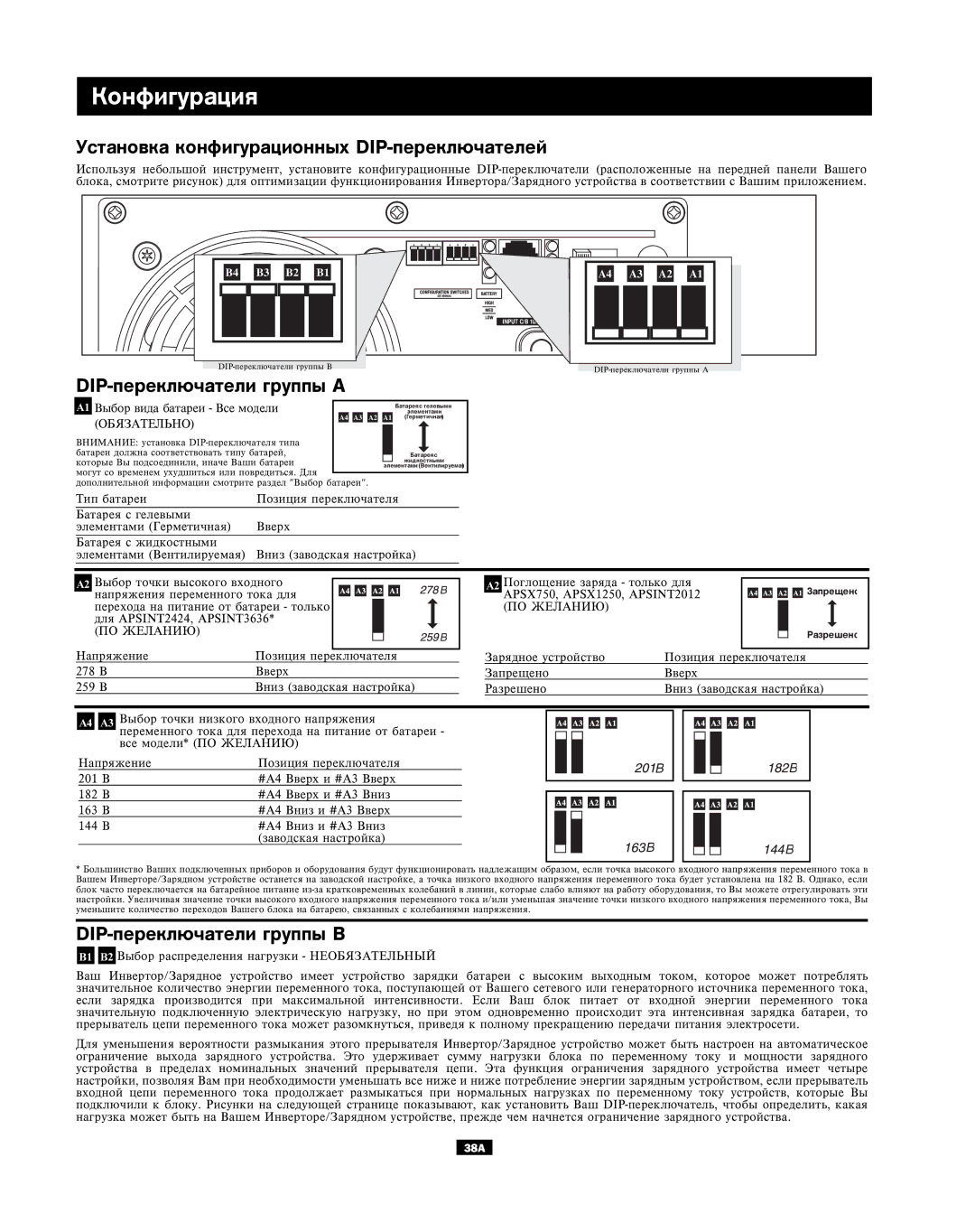 Tripp Lite APSX, APINT Series owner manual Êîíôèãóðàöèÿ, Óñòàíîâêà êîíôèãóðàöèîííûõ DIP-ïåðåêëþ÷àòåëåé 